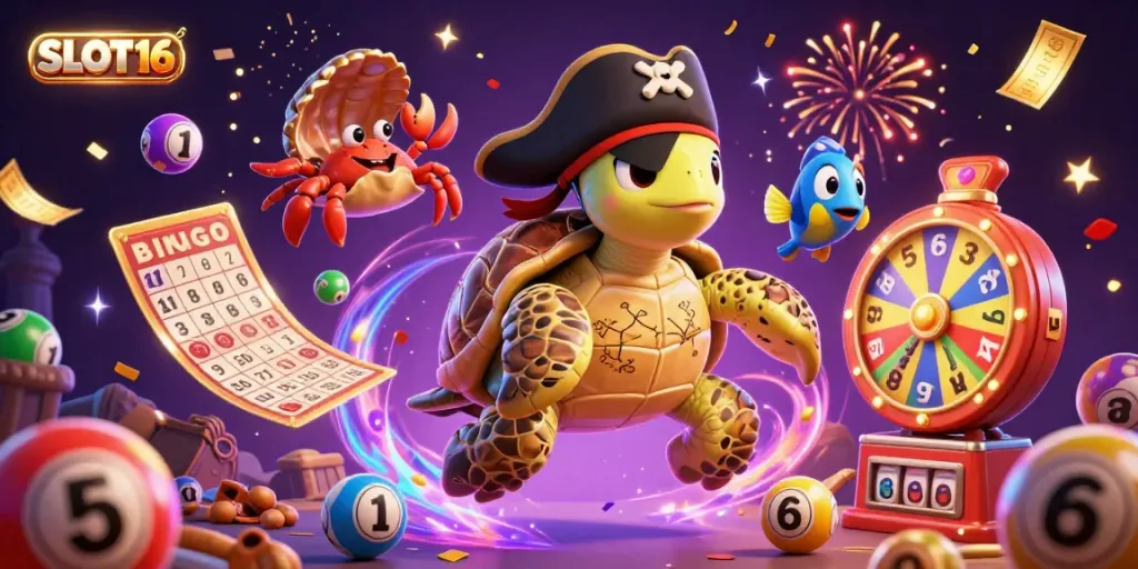 SLOT16 showcases a vibrant 3D pirate-themed illustration with colorful lottery elements, celebrating gaming excitement.