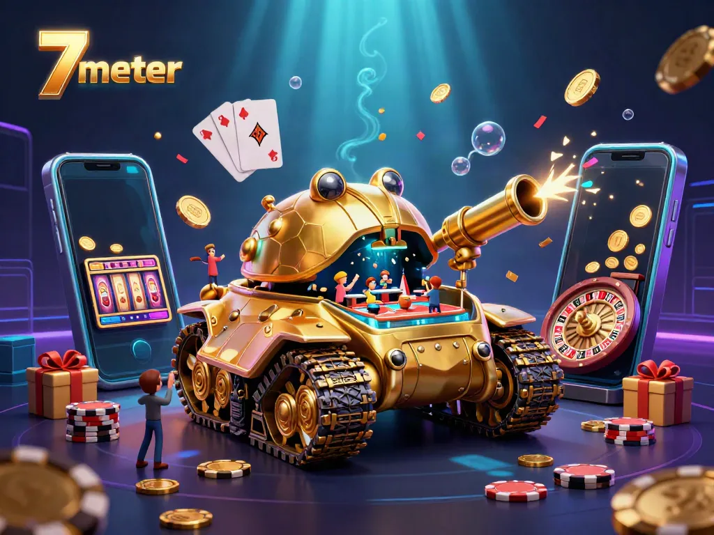 Play exciting slot games on 7 meter while golden coins and confetti abound in a colorful casino scene.