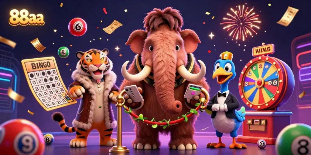 Engage with 88aa's vibrant casino scene featuring a woolly mammoth bouncer and saber-tooth VIP amidst colorful lottery elements.