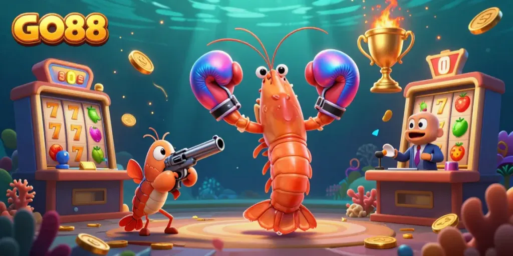 Experience the excitement of GO88 with vibrant 3D gaming elements, slot reels, and lively sea creatures.