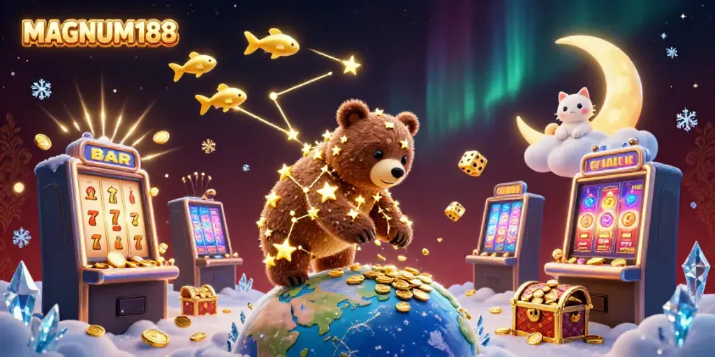Engage with MAGNUM188's vibrant 3D casino world featuring winning symbols, treasure chests, and animated characters.