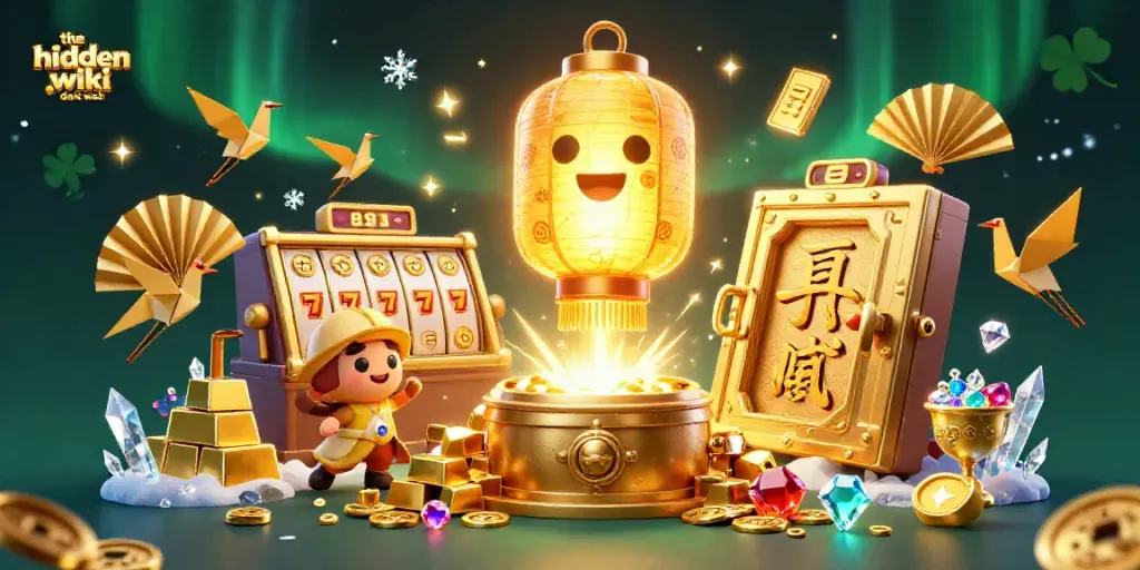 The hidden wiki dark web features a vibrant casino scene with glowing characters and slot elements, showcasing luck and fortune.