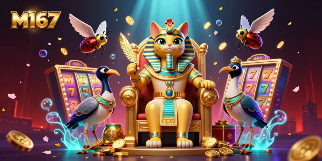 M167 enhances fortune with captivating slots and a royal Egyptian theme, including a pharaoh cat and scribe.