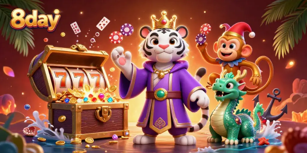 Experience winning moments with 8day's vibrant casino illustration filled with action and excitement.