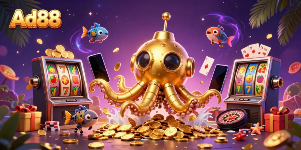 Win big with Ad88 gaming in a vibrant underwater casino featuring a golden kraken and slot machines.