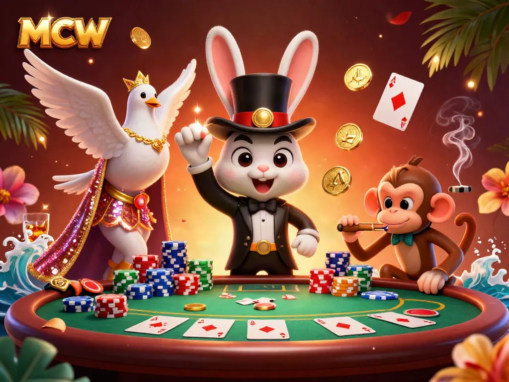 Engaging MCW scene featuring a magician rabbit, poker chips, and vibrant casino atmosphere.