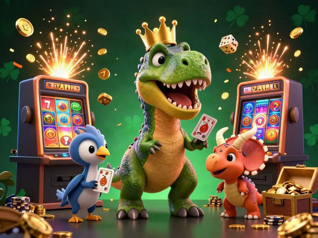 Experience ดูหนังออนไลน์ with a dynamic T-Rex dealer, pterodactyl assistant, and triceratops stacking chips at a bustling casino scene.