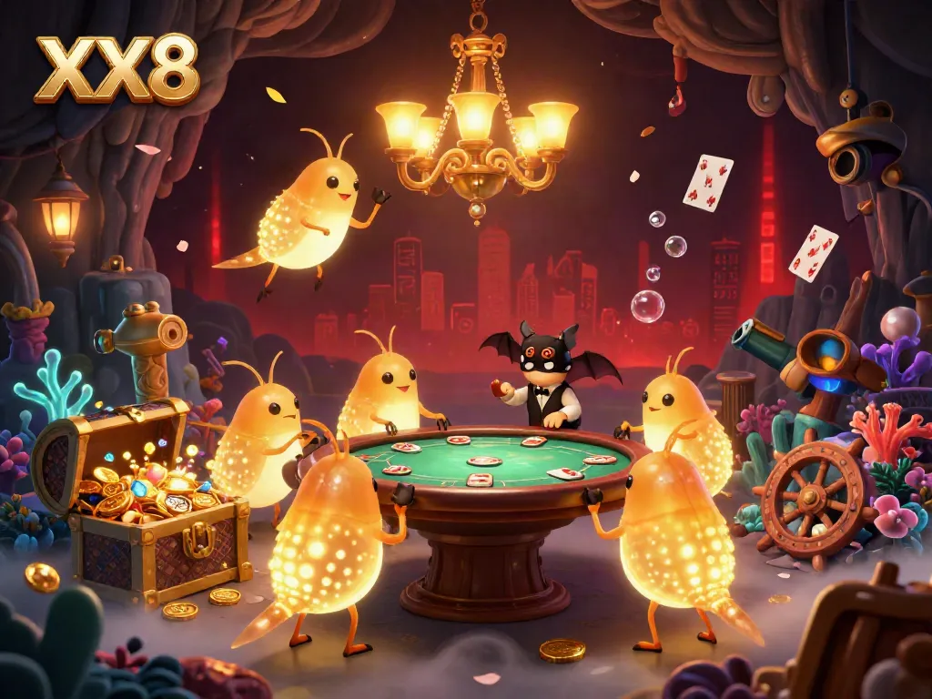 Experience the dazzling glow of XX8's casino with glowing glowworms and vibrant elements in a fantasy setting.