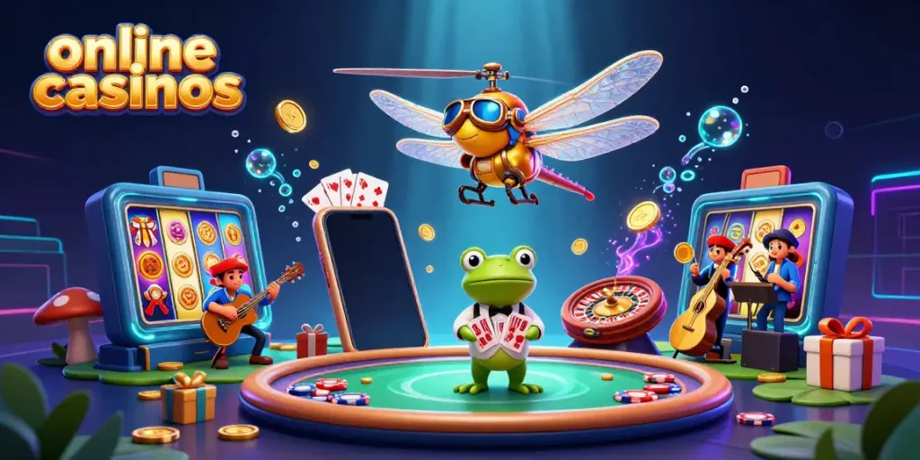 Online casinos scene with a dragonfly pilot, frog dealer, and jazz musicians in vibrant colors.