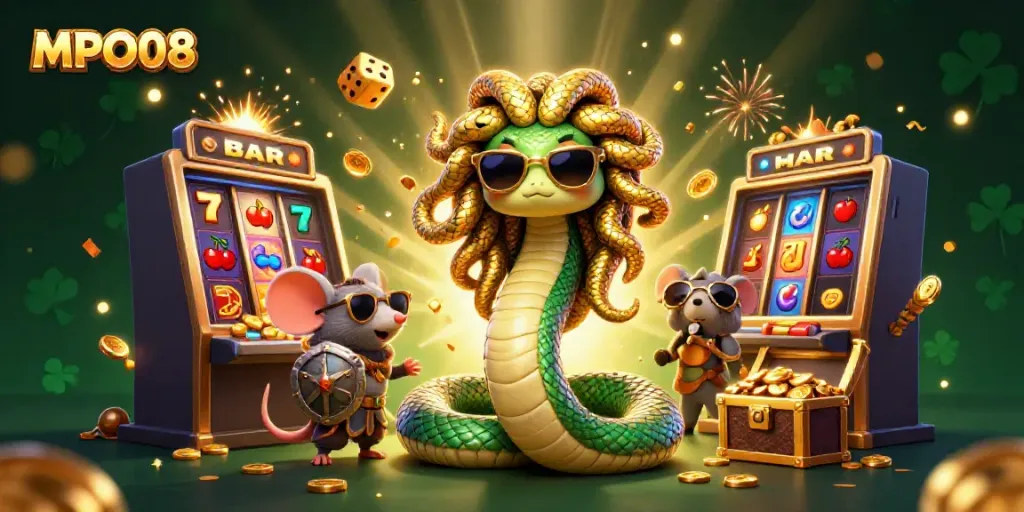 Engage with MPO08's vibrant online casino experience featuring a Medusa and warrior mouse alongside a jackpot slot machine.