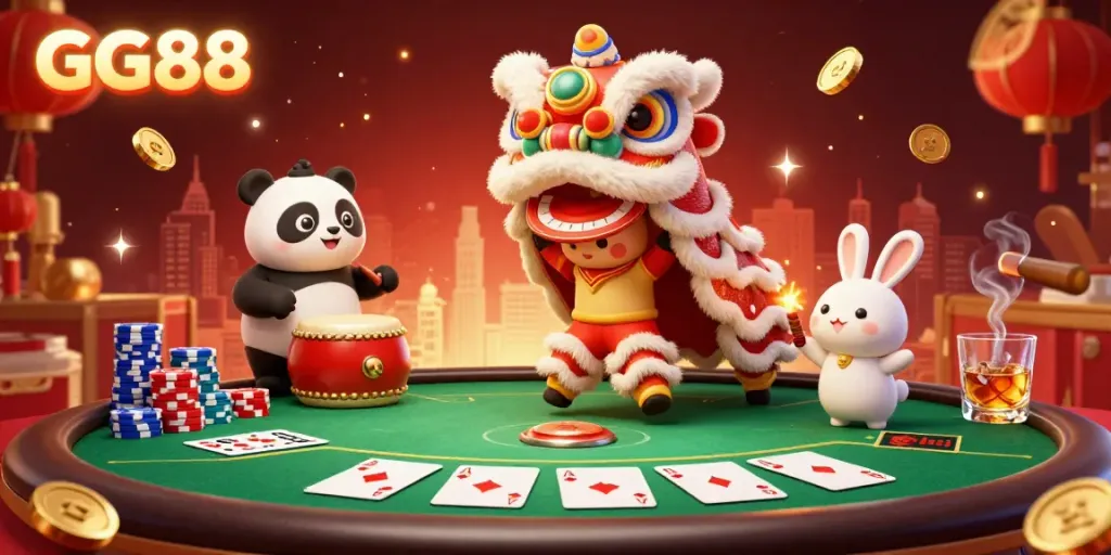 Experience the excitement of GG88 with a lively lion dance, poker elements, and vibrant casino atmosphere.