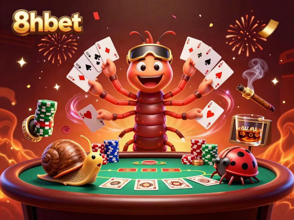 Experience exciting gaming action with the vibrant 8xbet characters surrounding a poker table adorned with colorful chips.