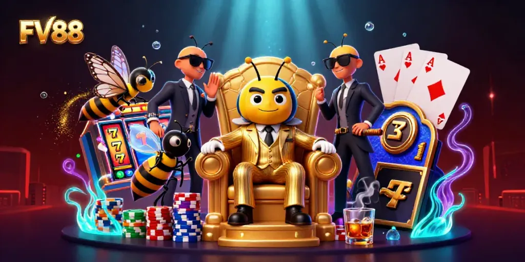 Experience the excitement of FV88 with a lively 3D casino scene filled with slot reels and poker action.