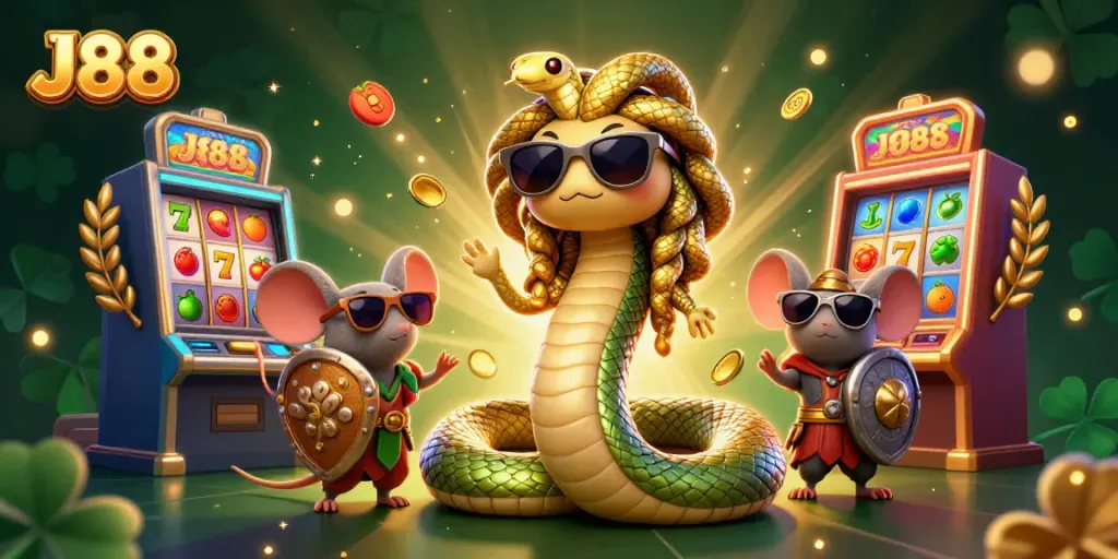 Spin the reels with J88 in an engaging and lively casino-themed digital illustration.
