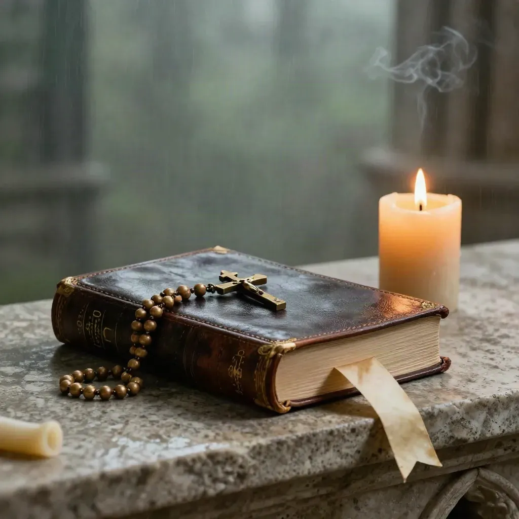 Bible, rosary, candle, crucifix, and parchment ribbons on a rainy altar ledge in moody light