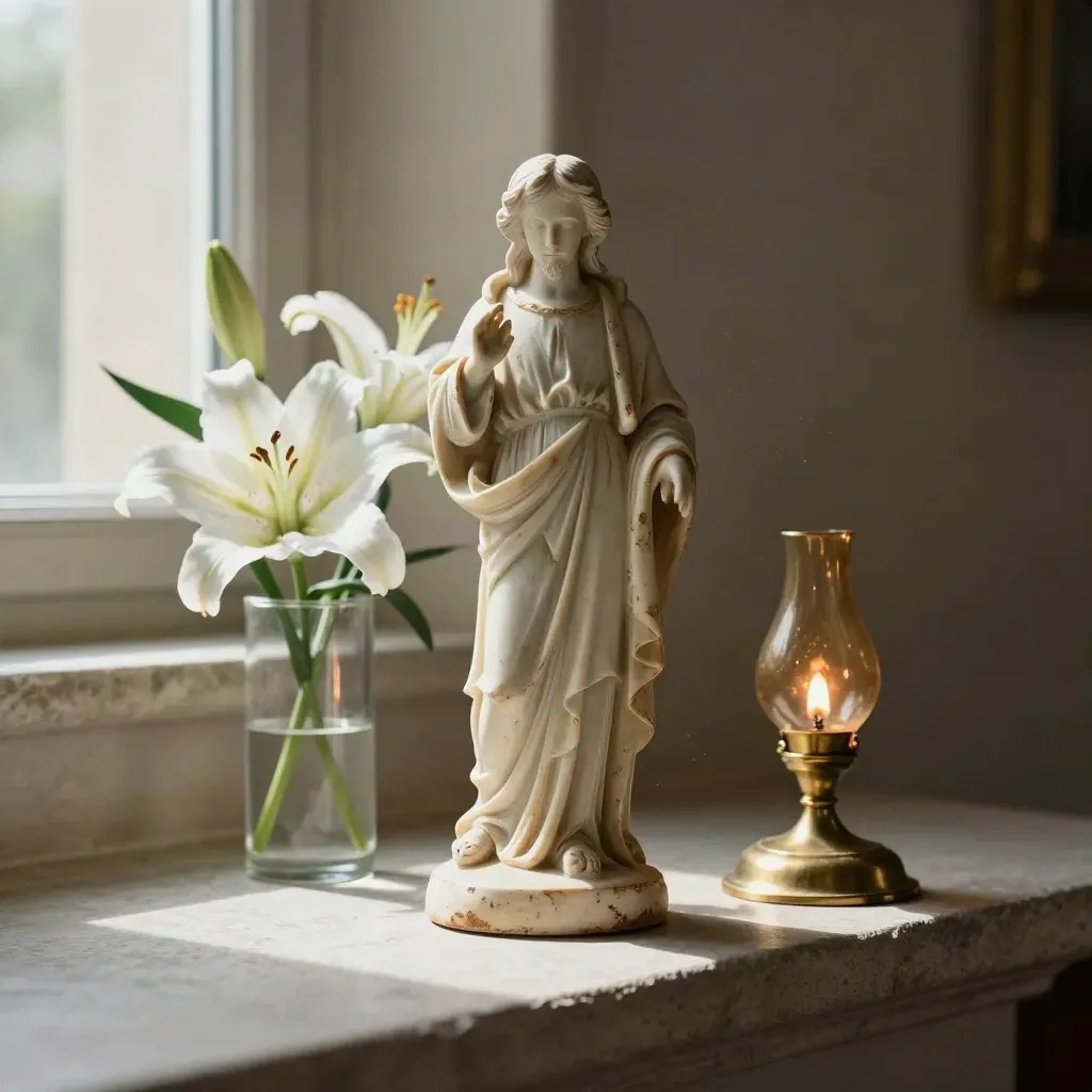 Sunlit saint statue, white lilies, and votive lamp on a chapel windowsill.