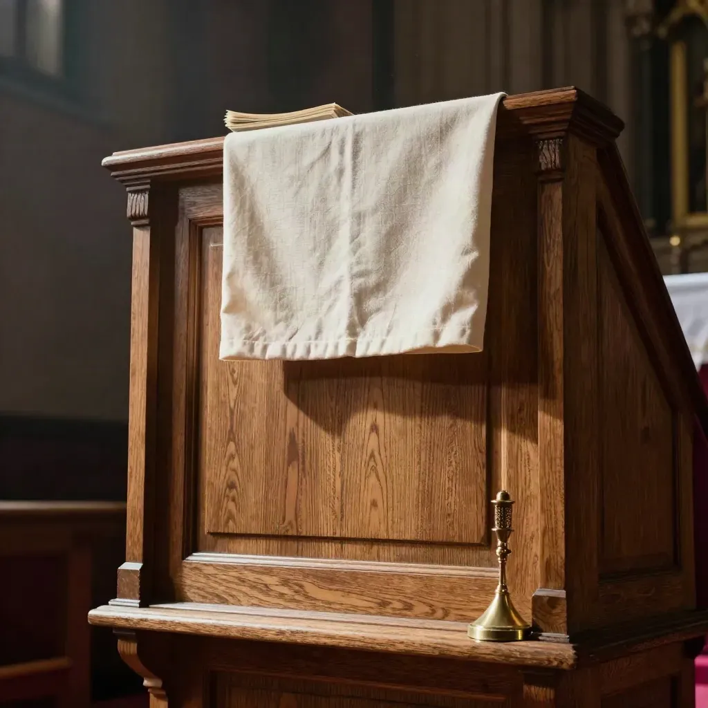 Empty oak ambo with cream cloth and brass mic base in a dim church, lit by morning light.