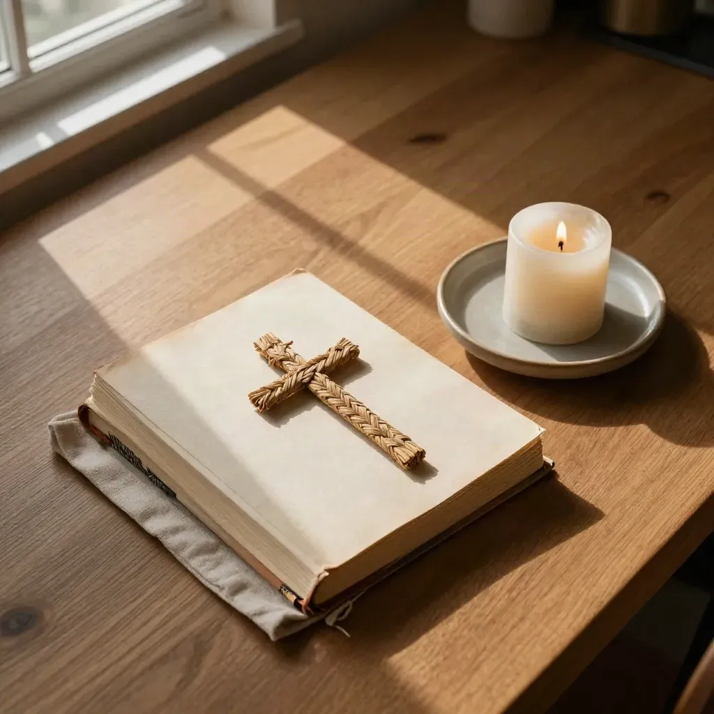 Overhead Holy Week reading set on a kitchen table with palm cross, prayer books, and candle.
