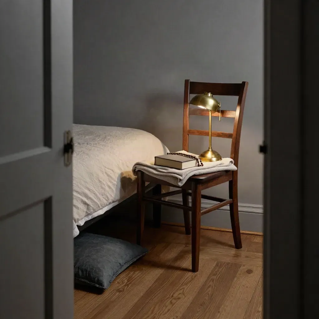 Quiet bedroom chair with prayer book, rosary, lamp, and folded blanket after evening prayer
