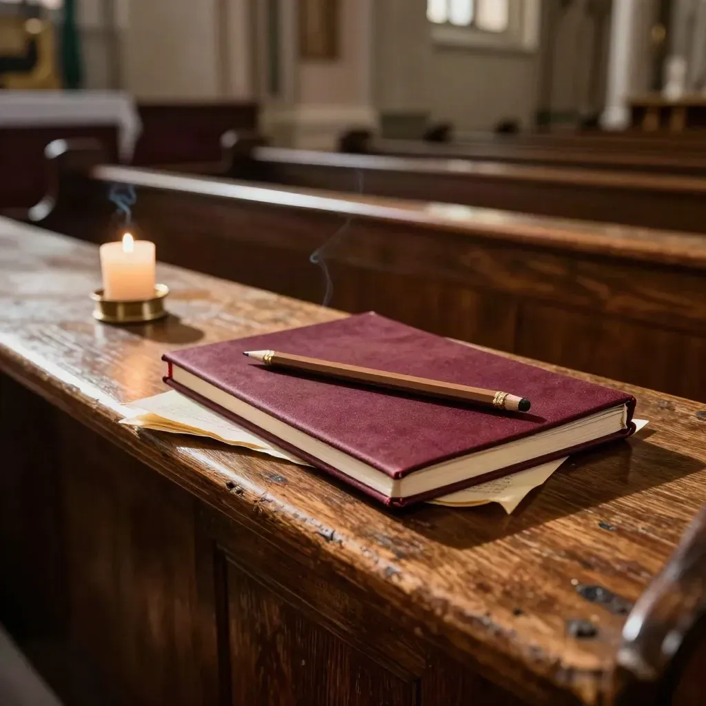 Pew-end with notebook, candle glow, folded leaflet and incense haze in warm church light.