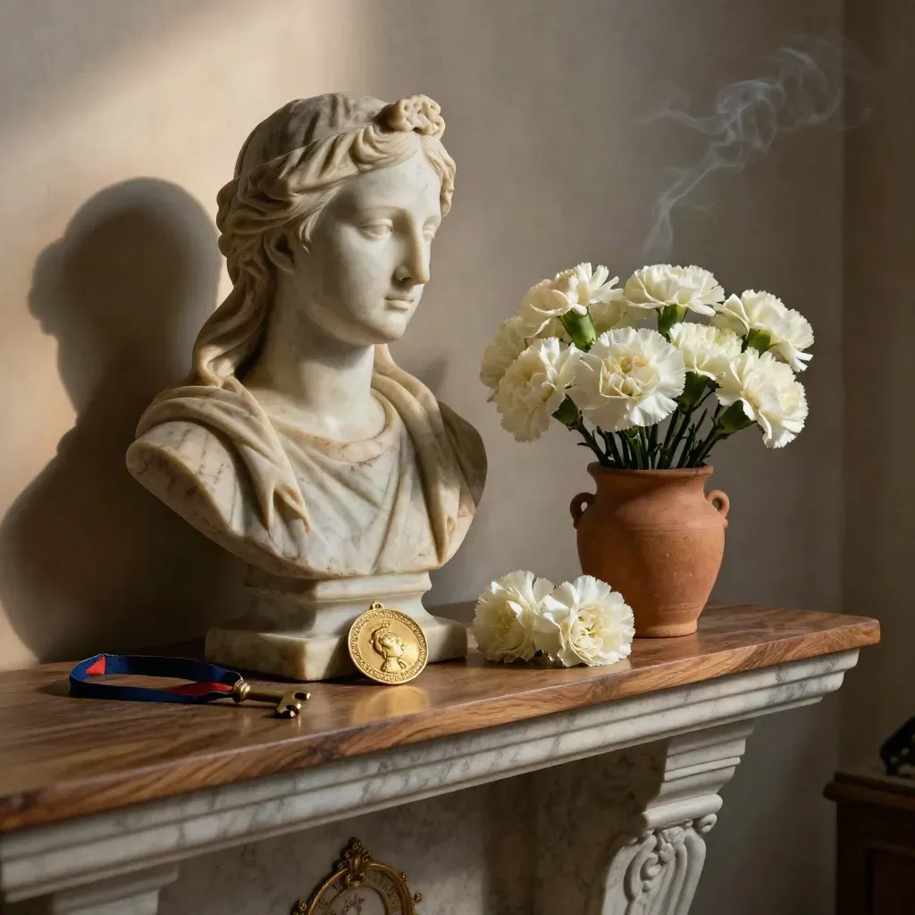 Marble saint bust, medal, and carnations on a side altar shelf in warm candlelight.