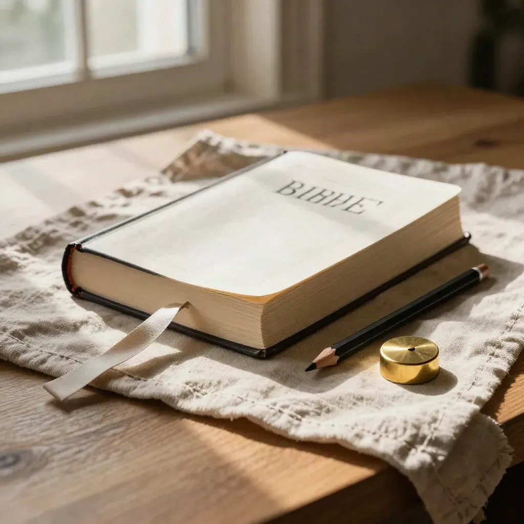 Closed Bible with ribbon, pencil, brass page weight, and linen in warm morning light.
