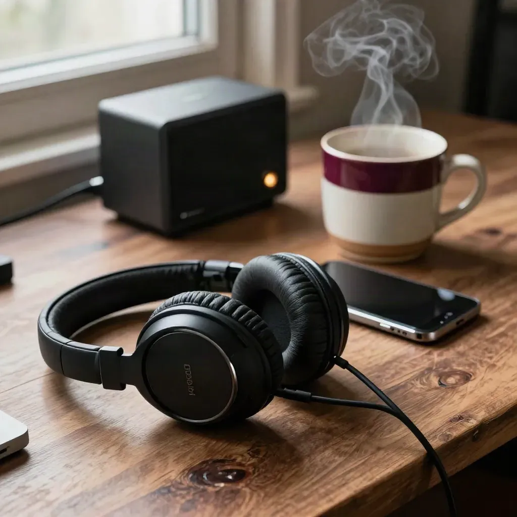 Headphones, speaker, mug, and a face-down phone on a drafty worktable