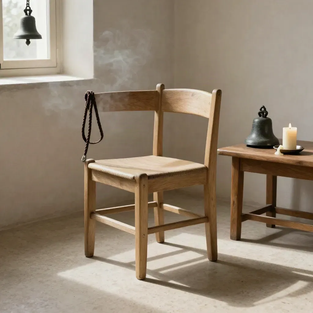 Monastery cell corner with chair, prayer rope, bell, candle, and dawn light through haze.