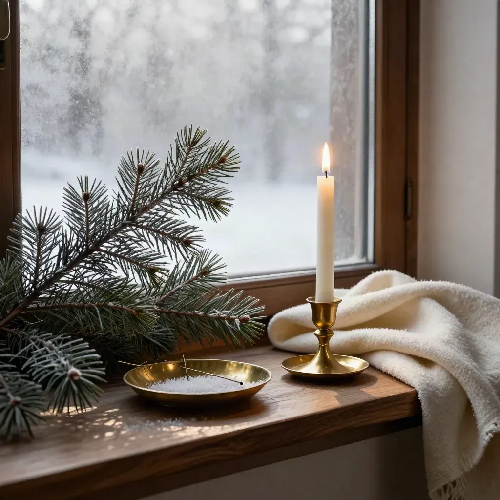 Evergreen branch, unlit Advent candle, brass dish, and cream blanket on a misted windowsill.