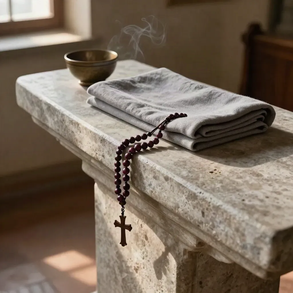 Stone altar rail with rosary, folded cloth, and prayer bowl in warm chapel light.