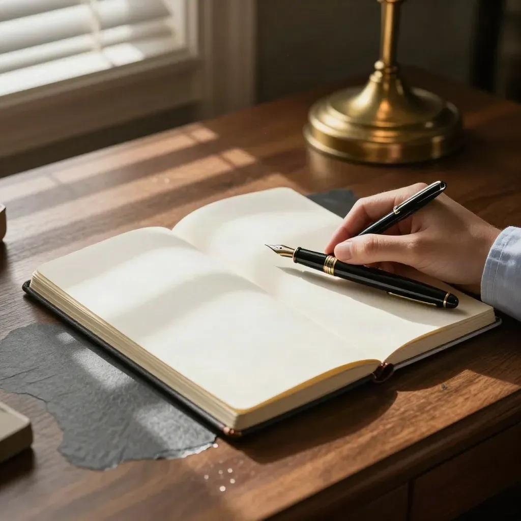 Rectory desk with closed notebook, fountain pen, brass lamp, and sleeve cuff in morning light.