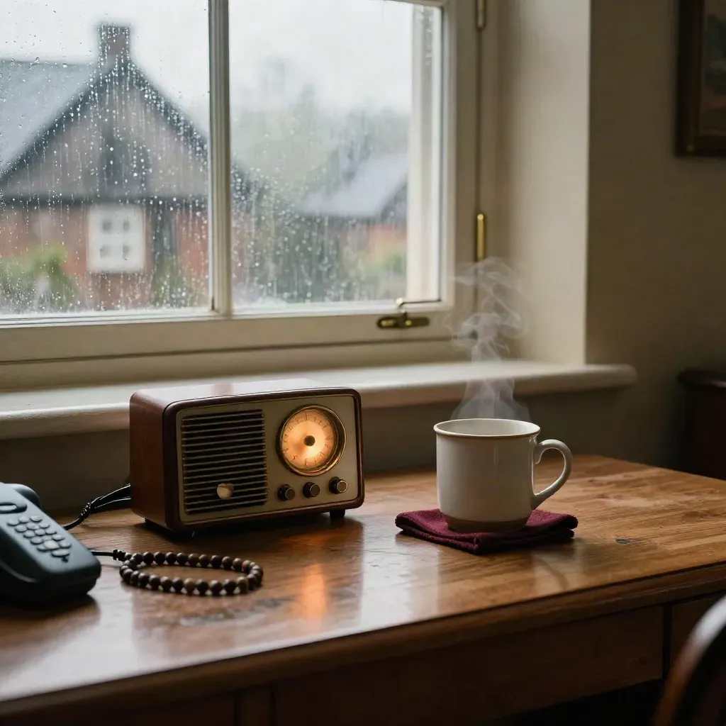 Rainy parish desk with glowing radio, mug, face-down phone, and rosary by a window.
