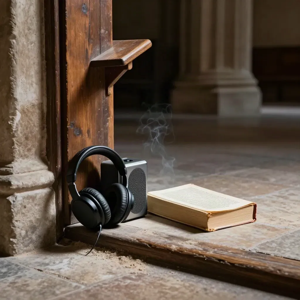 Cloister nook with headphones, speaker, closed prayer book and lectern in smoky light