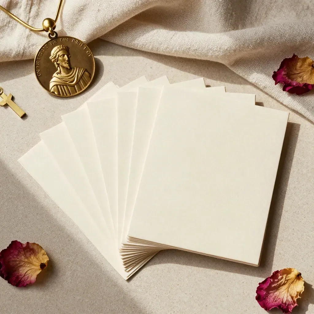 Top-down feast-day cards, saint medal, brass cross paperweight, and dried petals on linen.
