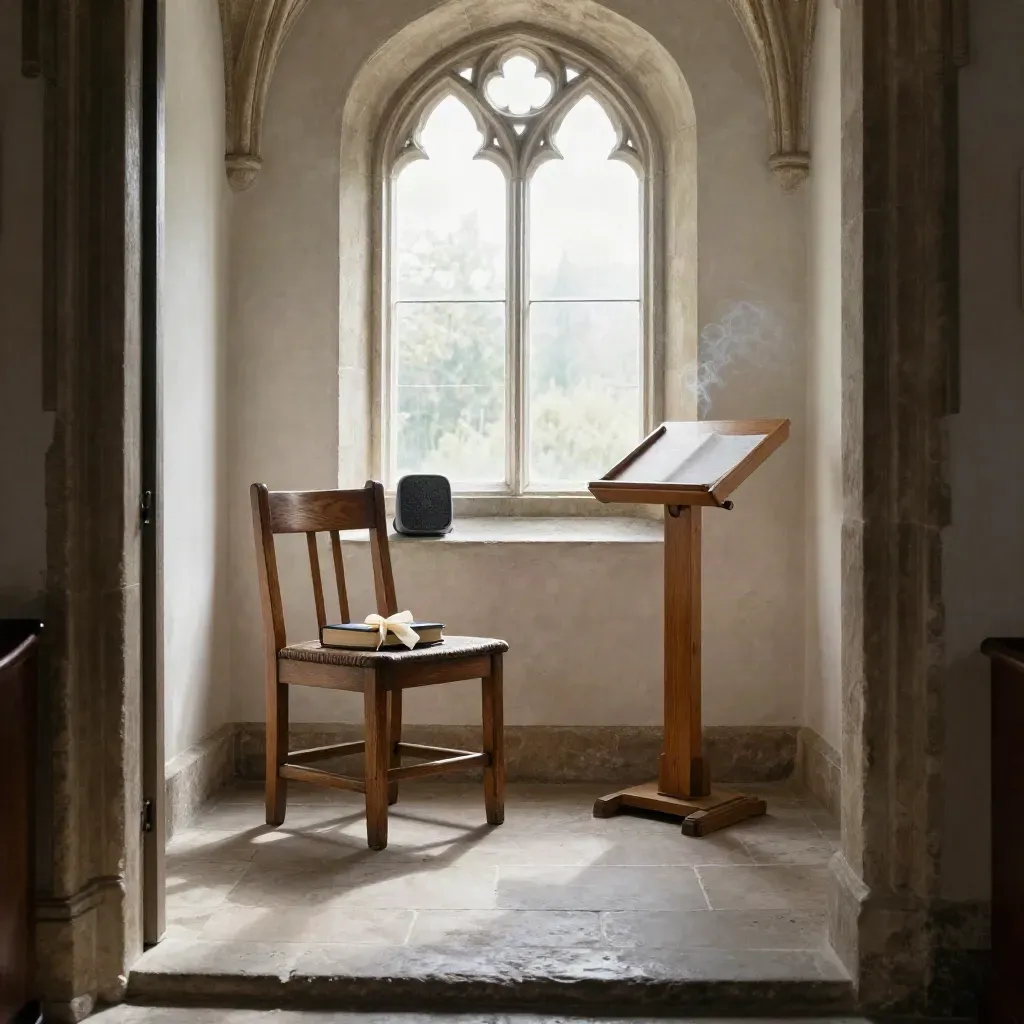 Stone cloister nook with chair, speaker, closed prayer book and lectern in hush.