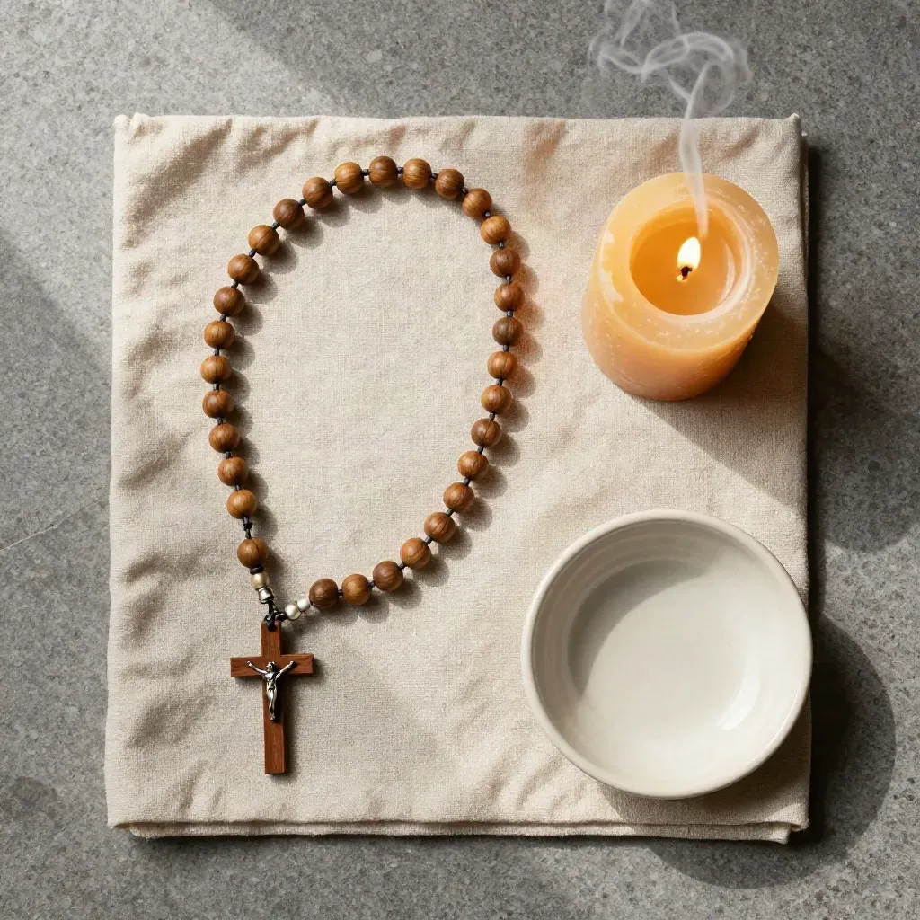Overhead rosary, prayer candle, linen cloth and ceramic dish on stone with smoke