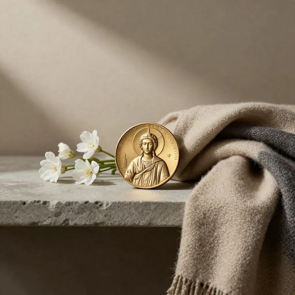 Saint medal, tiny icon, white flowers, and folded scarf on a stone shelf in soft side light.