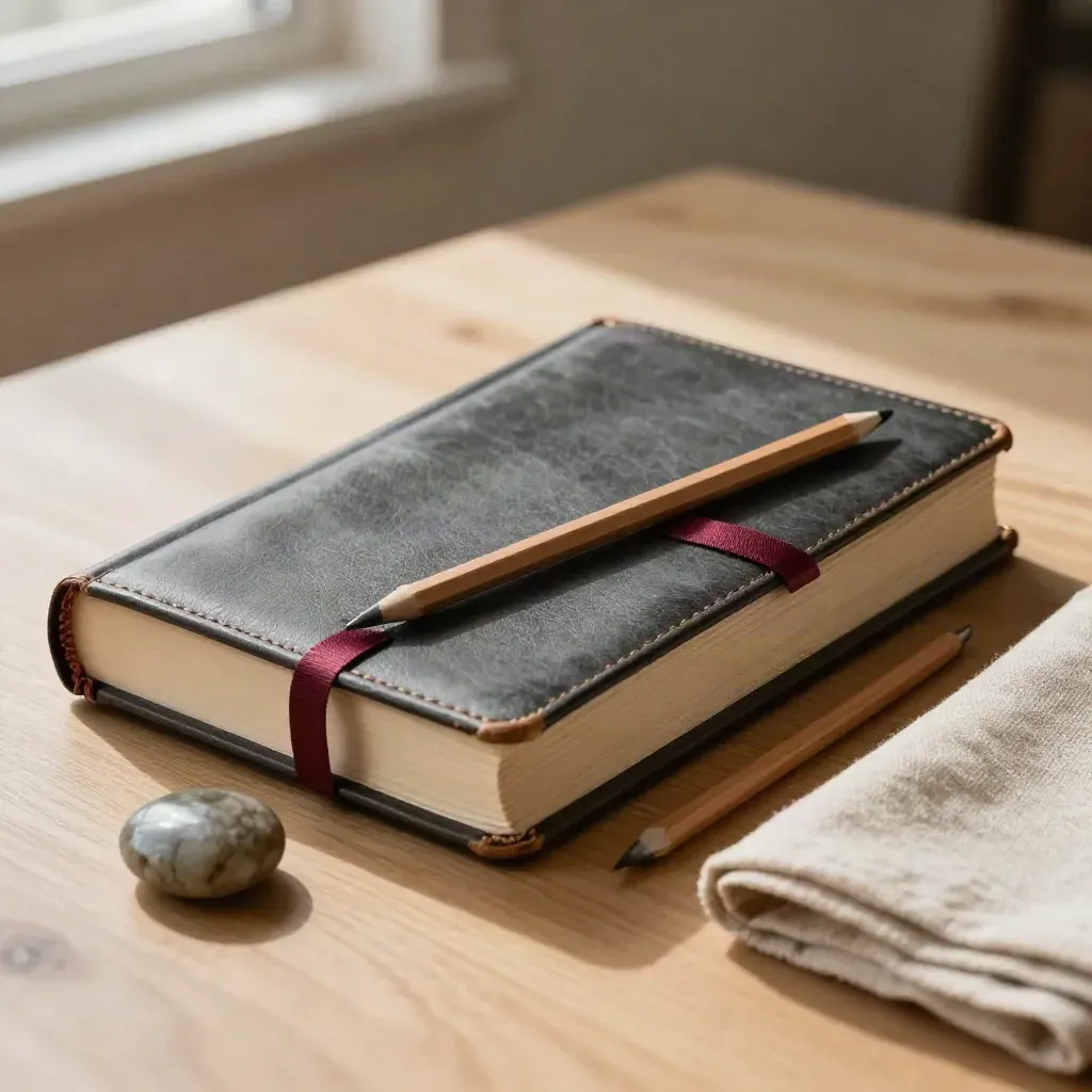 Closed Bible with ribbon marker, pencil, stone paperweight, and linen napkin on pale oak.