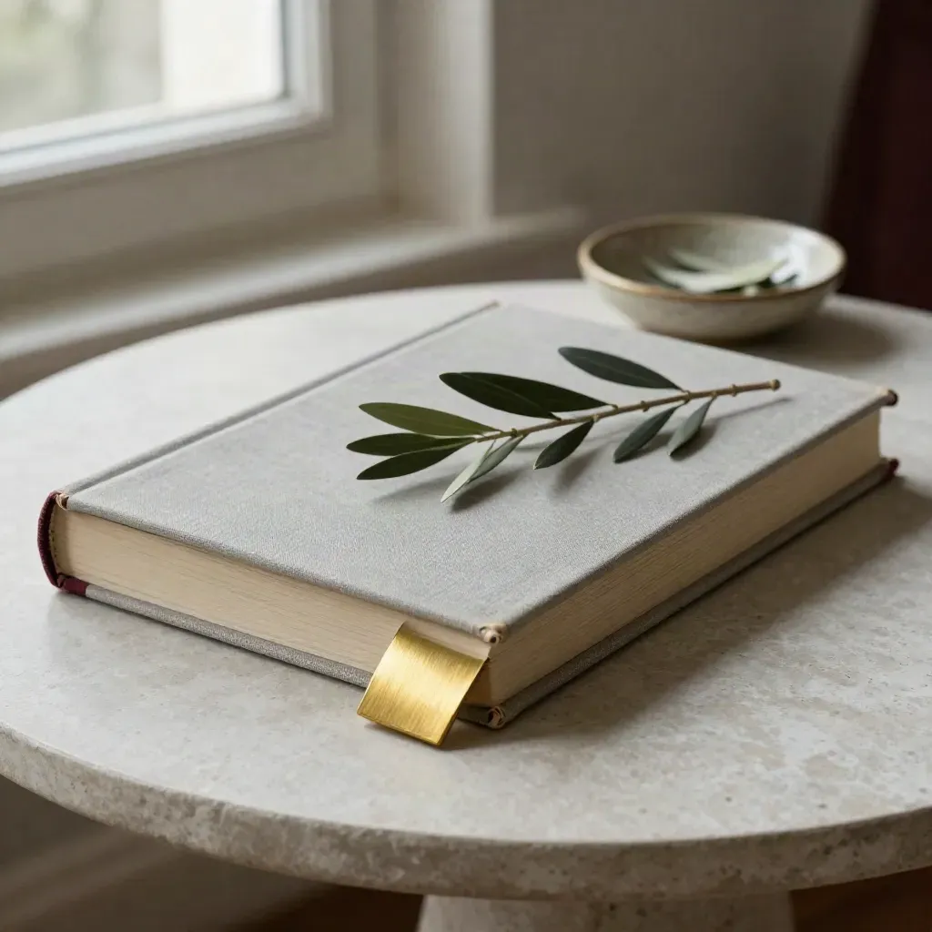 Closed art monograph, brass bookmark, olive sprig, and clay dish on a pale plaster side table.