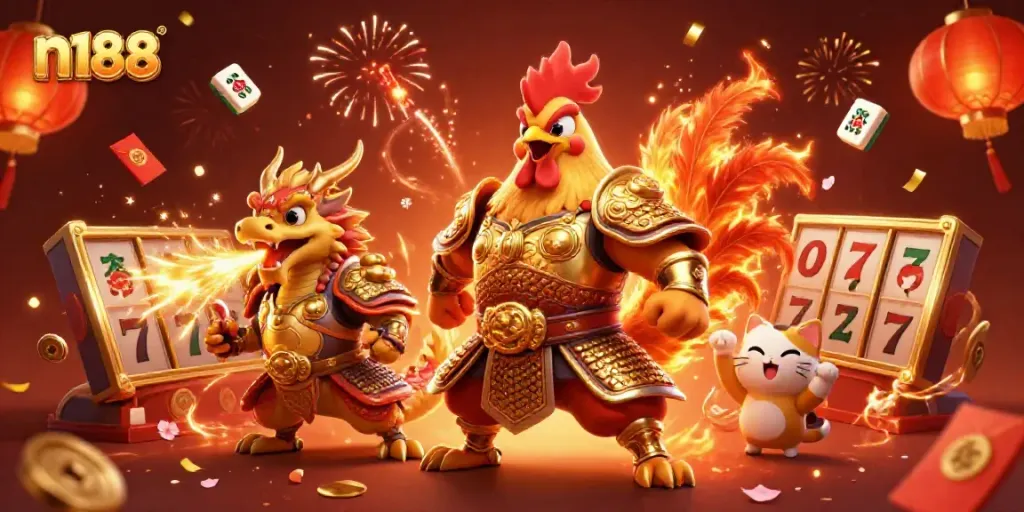 Experience winning action at n188 with a vibrant 3D illustration showcasing casino games and exotic characters.