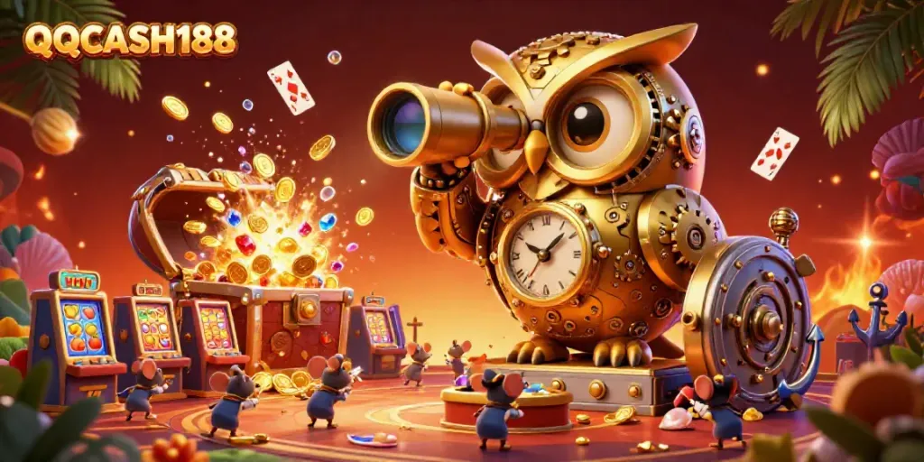 Engage with QQCASH188 at a vibrant casino featuring a golden owl overseeing a bustling slot machine floor.