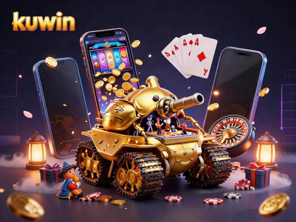 Kuwin immersive casino experience in a golden beetle tank with vibrant gaming elements.