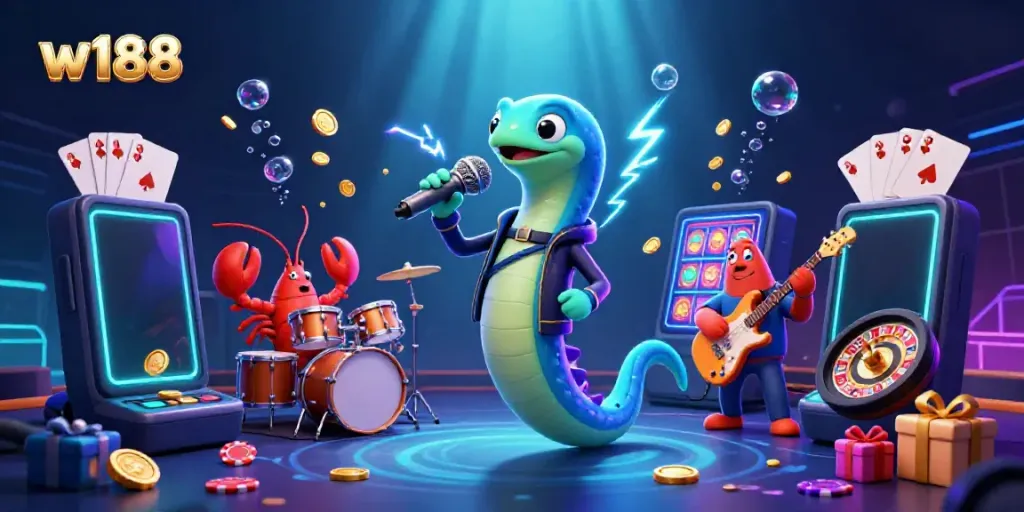 Experience w188's thrilling underwater casino scene with a DJ electric eel and vibrant game elements.