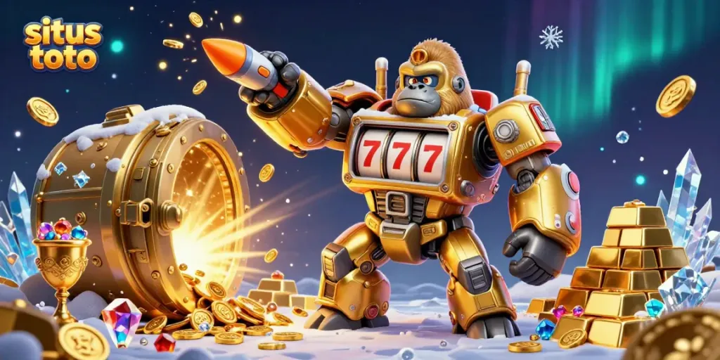 Experience thrilling winnings at situs toto with a dynamic scene featuring a golden gorilla mech, slot reels, and treasure galore.