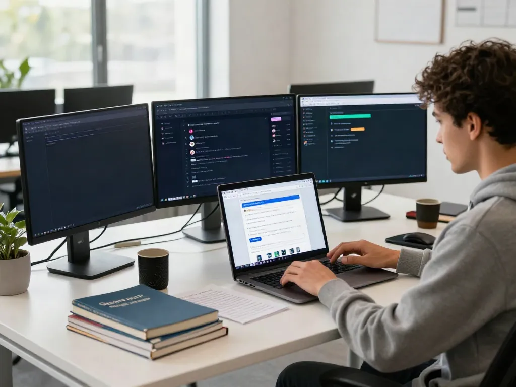 Tech-savvy individual exploring 주소모음 links on multiple screens in a bright office setting.