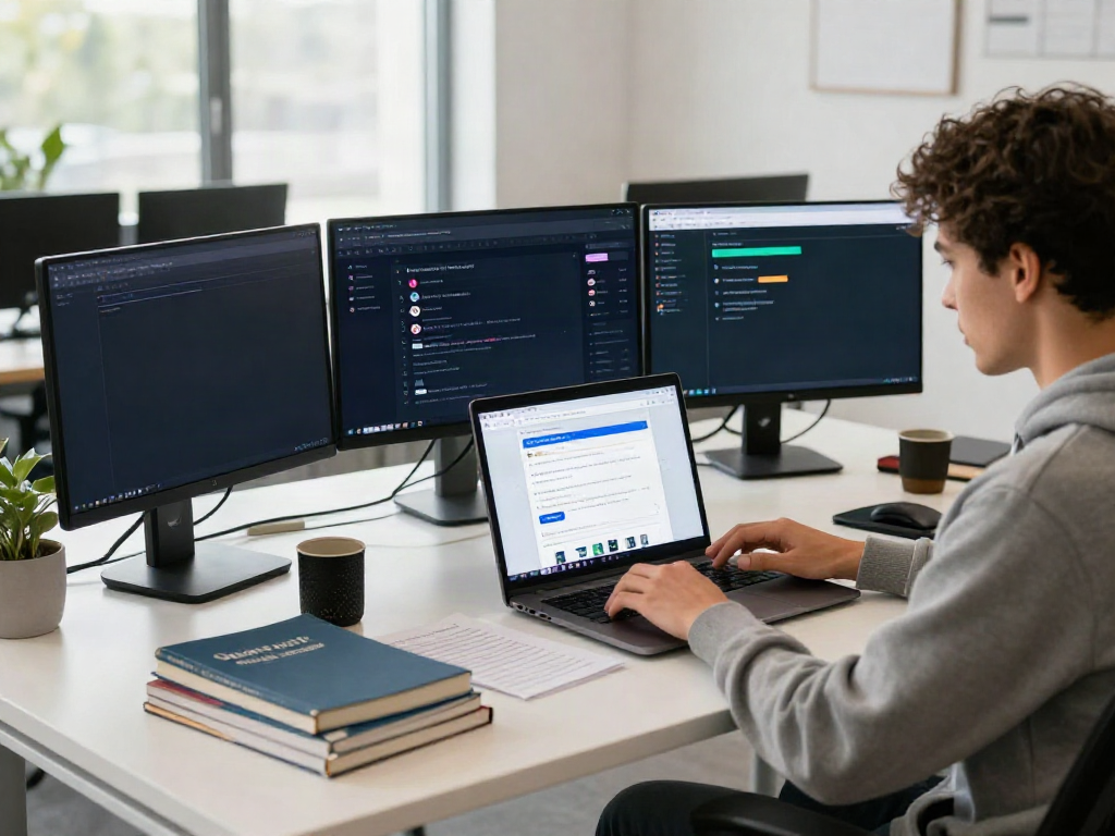 Tech-savvy individual exploring 주소모음 links on multiple screens in a bright office setting.
