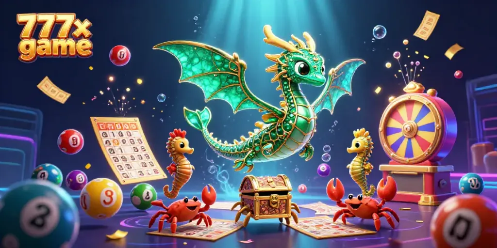Experience the vibrant action of the 777x game with dynamic illustrations of a sea dragon and casino elements.