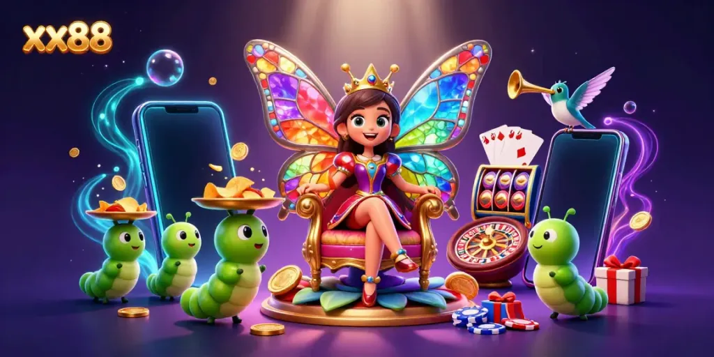 Engage with xx88 through an enchanting gaming world led by a butterfly queen, featuring vibrant casino elements.