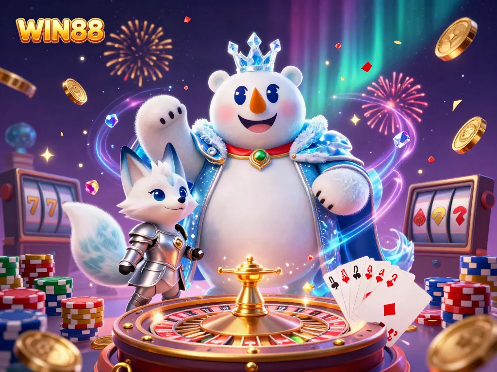 Explore the magical WIN88 casino world with golden coins and vibrant characters amid a festive atmosphere.