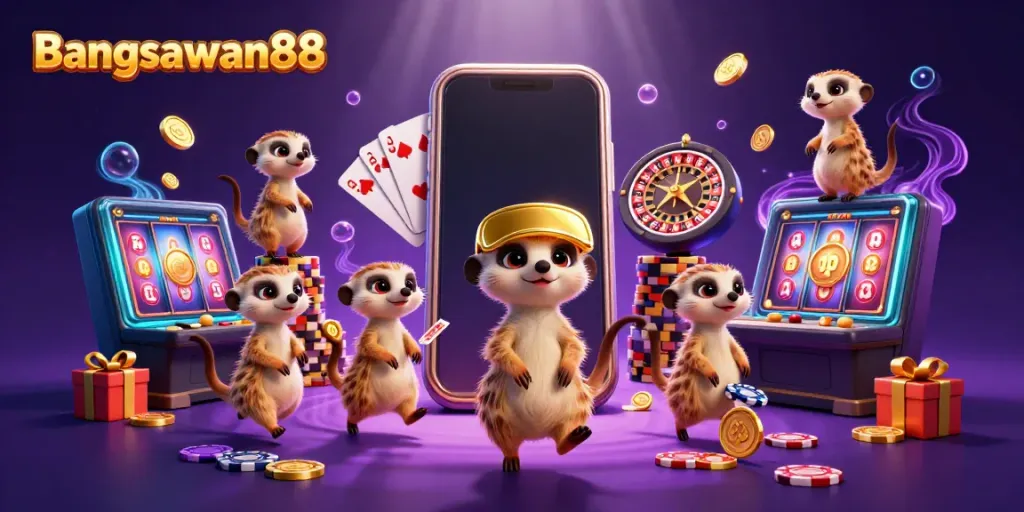 Experience the excitement of Bangsawan88 casino with animated meerkats in a colorful gaming setup.